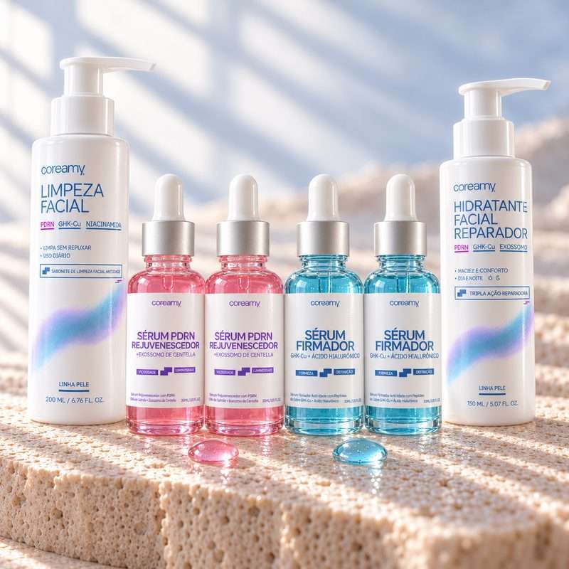 A linha Coreamy: Sabonete Líquido Facial, Séruns PDRN, Séruns GHK-Cu e Hidratante Facial Reparador, com as caixas