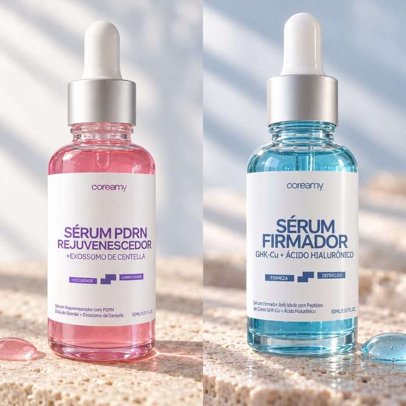 O Sérum PDRN, rosa, ao lado do Sérum GHK-Cu, azul-claro