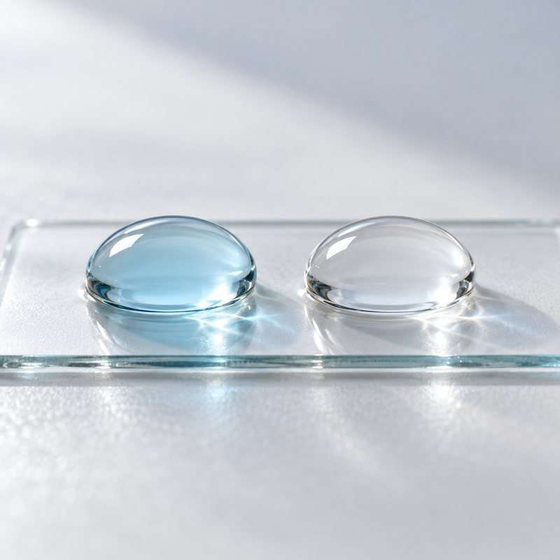 Gota azul-clara do Sérum GHK-Cu ao lado de uma gota de água incolor, sobre lâmina de vidro