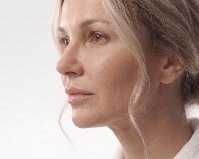 Mulher de perfil, de roupão, com a pele com viço