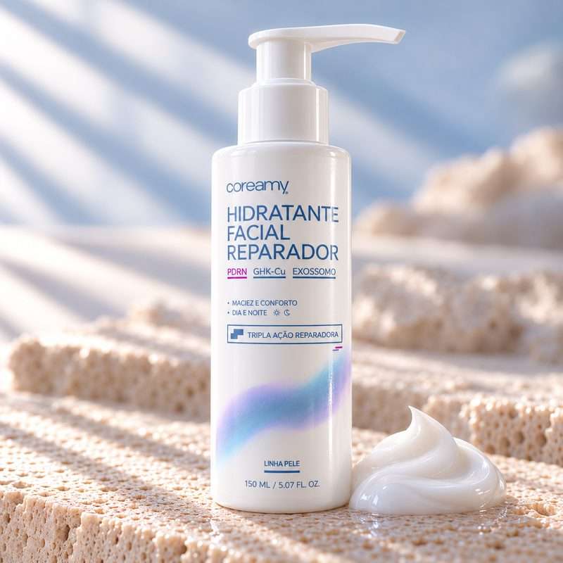 Frasco branco com pump do Hidratante Facial Reparador Coreamy, com um pouco do creme ao lado, sobre pedra clara