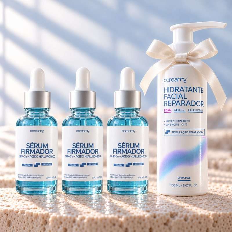 3 frascos do Sérum GHK-Cu e o Hidratante Facial Reparador com laço de presente