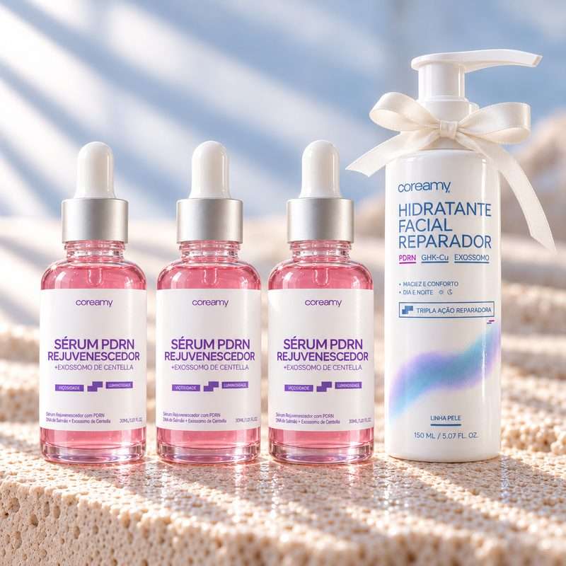 3 frascos do Sérum PDRN e o Hidratante Facial Reparador com laço de presente