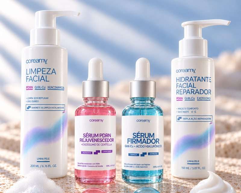 Sabonete Líquido Facial, Sérum PDRN, Sérum GHK-Cu e Hidratante Facial Reparador lado a lado