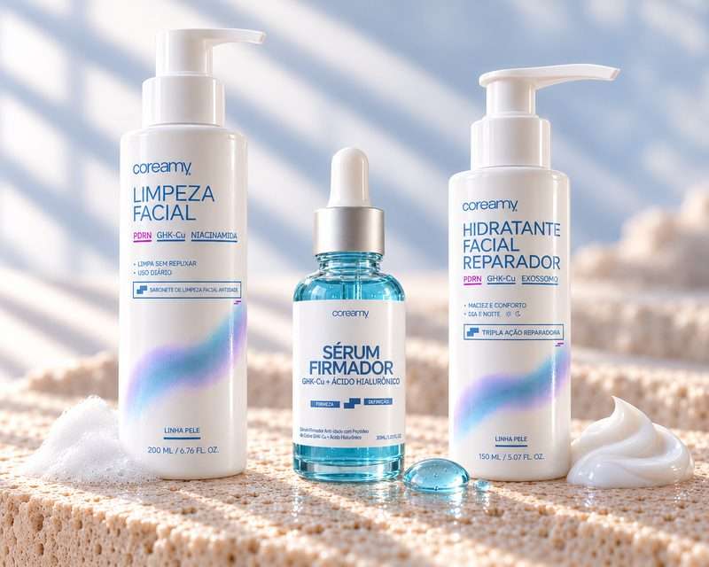 Sabonete Líquido Facial, Sérum GHK-Cu e Hidratante Facial Reparador lado a lado