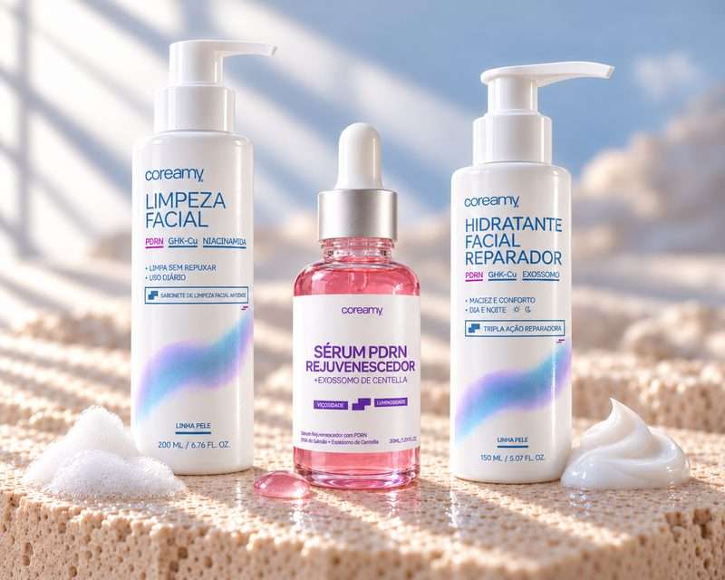 Sabonete Líquido Facial, Sérum PDRN e Hidratante Facial Reparador lado a lado