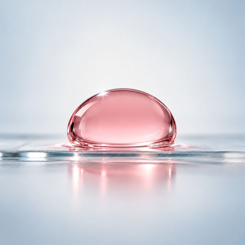 Gota rosa do Sérum PDRN sobre uma lâmina de vidro, contra a luz