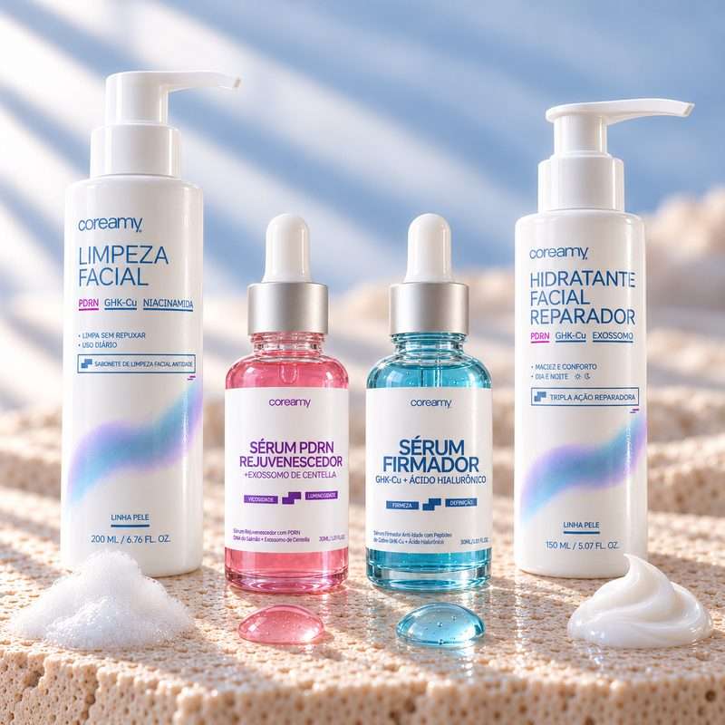Sabonete Líquido Facial, Sérum PDRN, Sérum GHK-Cu e Hidratante Facial Reparador, na ordem da rotina