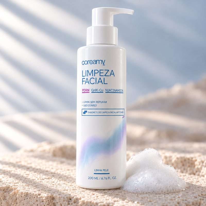 Frasco branco com pump do Sabonete Líquido Facial Coreamy, com espuma ao lado, sobre pedra clara